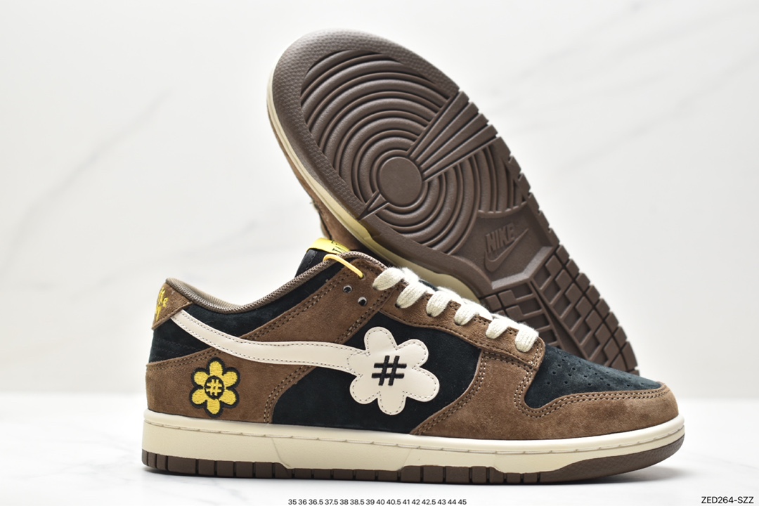 WTP/Water The Plant 1.0 Dunk Low”Shroom”Sunflower Smiley Series Low-top Casual Sports Skateboard Shoes ”Mocha Brown Black Sunflower” WTP028