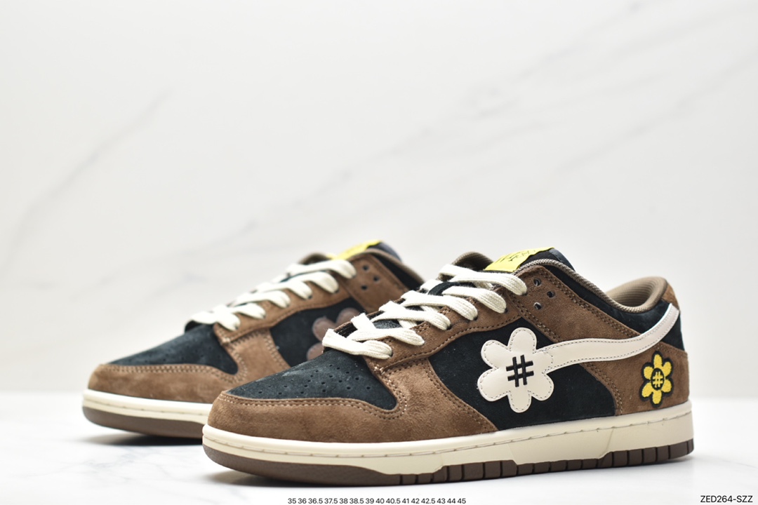 WTP/Water The Plant 1.0 Dunk Low”Shroom”Sunflower Smiley Series Low-top Casual Sports Skateboard Shoes ”Mocha Brown Black Sunflower” WTP028