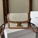 Celine Handbags Crossbody & Shoulder Bags Gold Calfskin Canvas Cowhide Triomphe