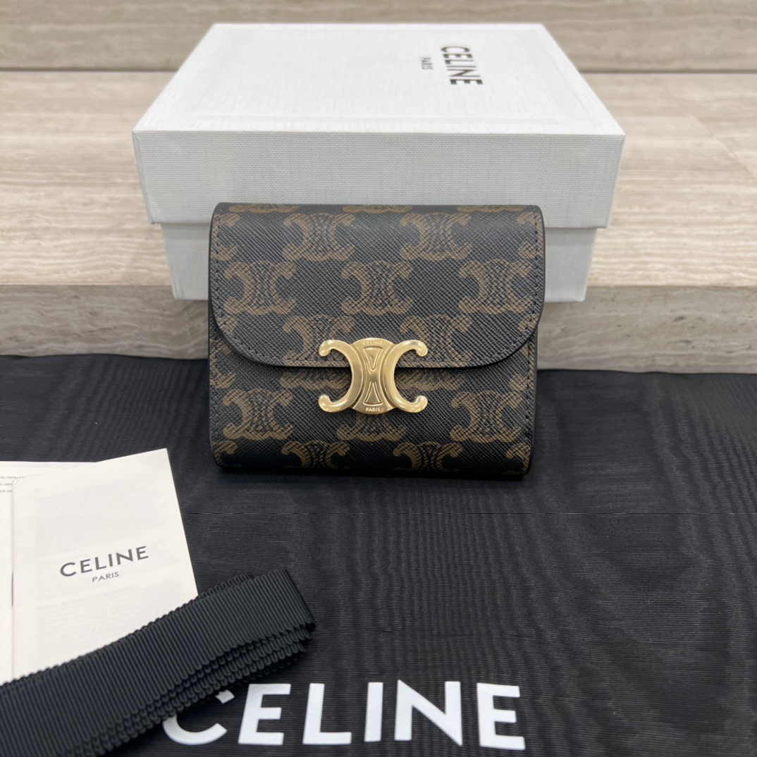 Celine Wallet Gold Cowhide Fabric Triomphe