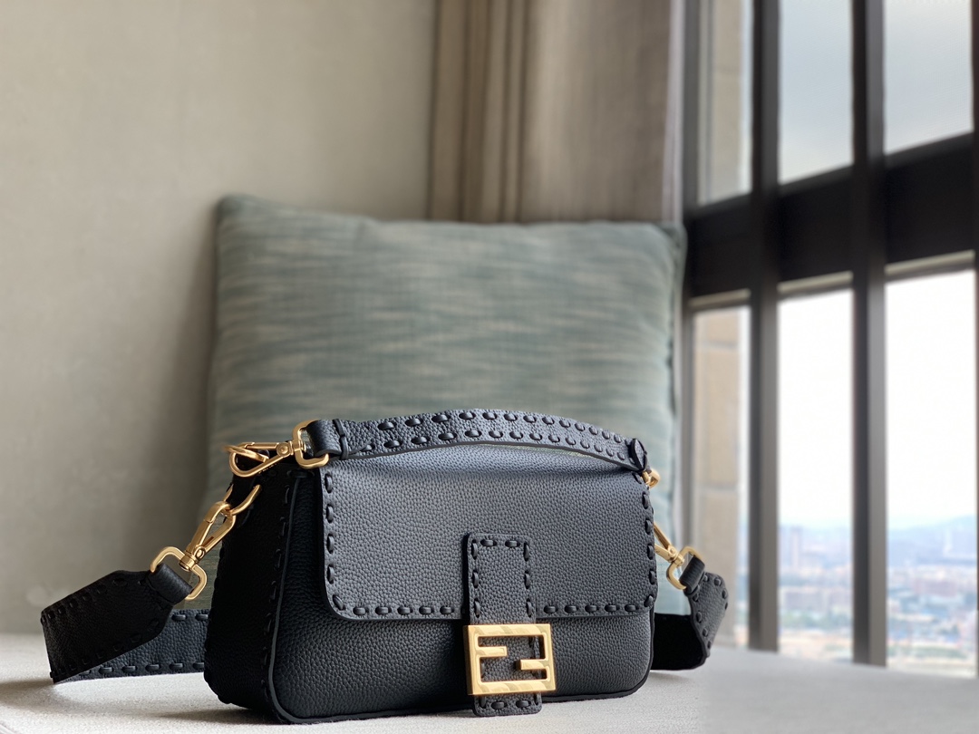 Fendi [Iconic Baguette Medium Handbag] Black Gold Buckle