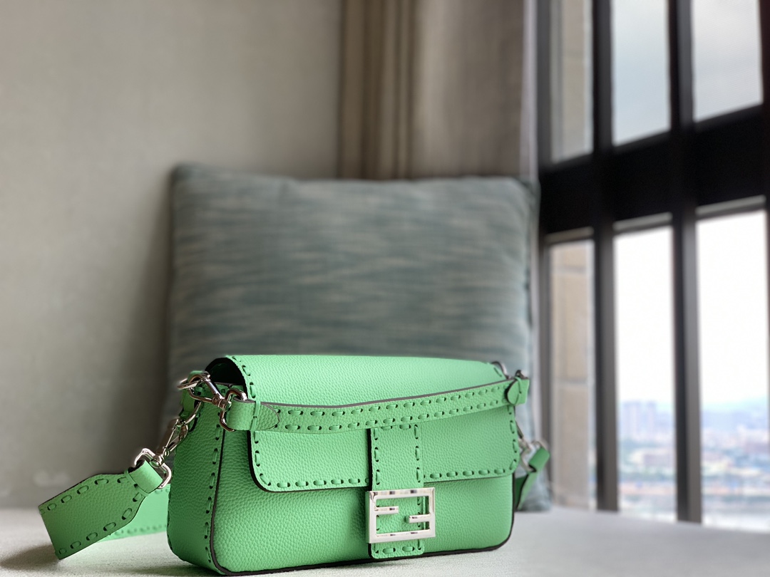 Fendi [Iconic Baguette Medium Handbag] Green Silver Buckle