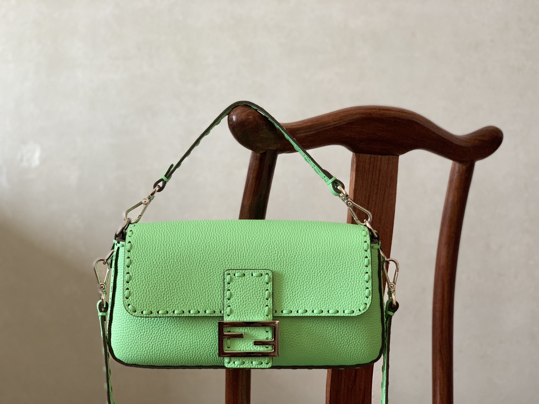 Fendi [Iconic Baguette Medium Handbag] Green Silver Buckle