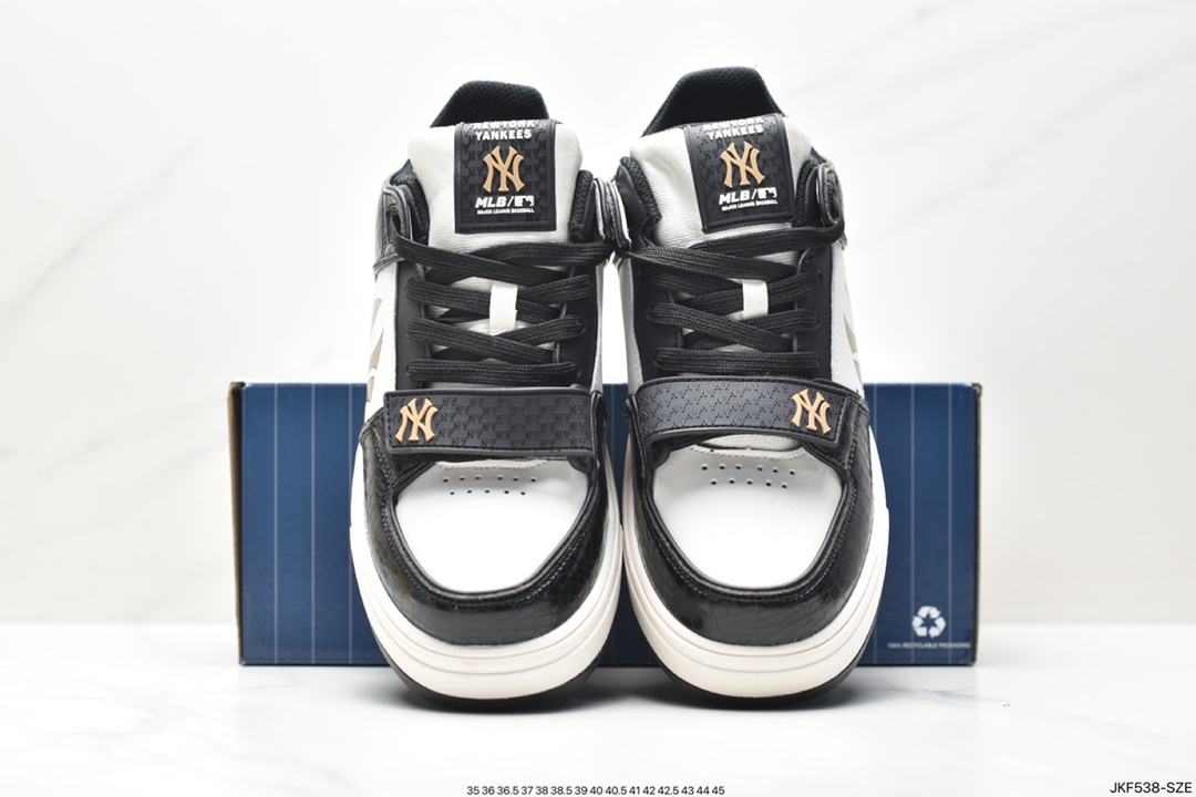 MLB Chunky Liner New York Yankees Senior Shoes Series Low-top Daddy Style Lightweight Height-enhanced Thick-soled All-match Casual Sports Jogging Shoes ”Leather White and Black NY Print” 3ASXCMC3N (GP005)