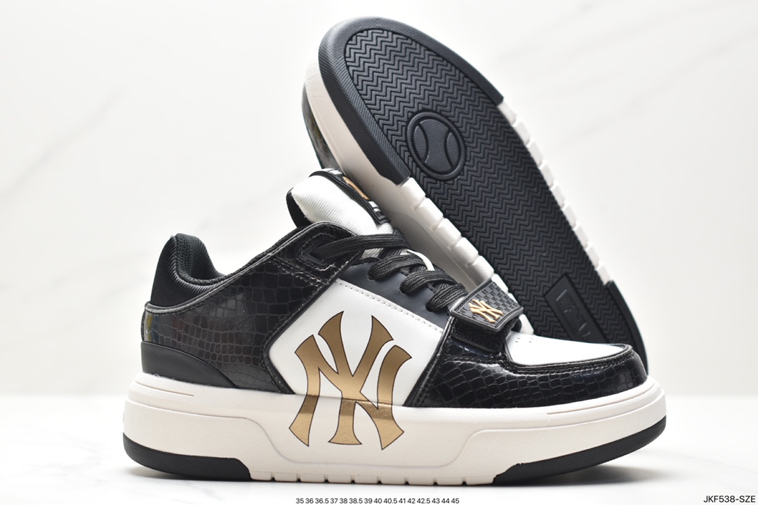 MLB Chunky Liner New York Yankees Senior Shoes Series Low-top Daddy Style Lightweight Height-enhanced Thick-soled All-match Casual Sports Jogging Shoes ”Leather White and Black NY Print” 3ASXCMC3N (GP005)