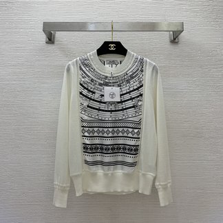 Hermes 1:1 Clothing Knit Sweater Shirts & Blouses Beige Black White Printing Knitting Silk Wool Vintage Long Sleeve
