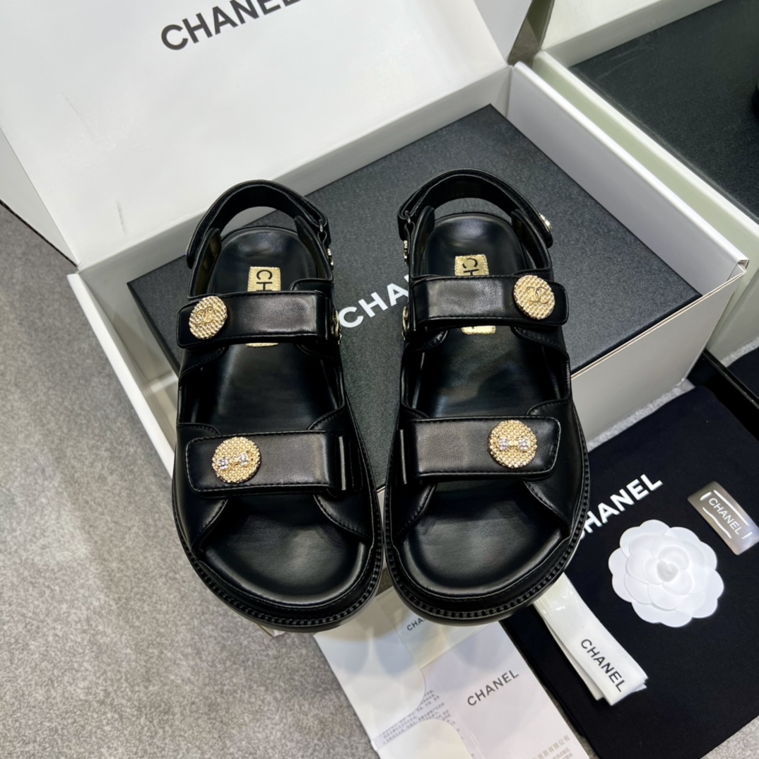 Chanel Shoes Sandals Gold Hardware Genuine Leather Sheepskin Beach