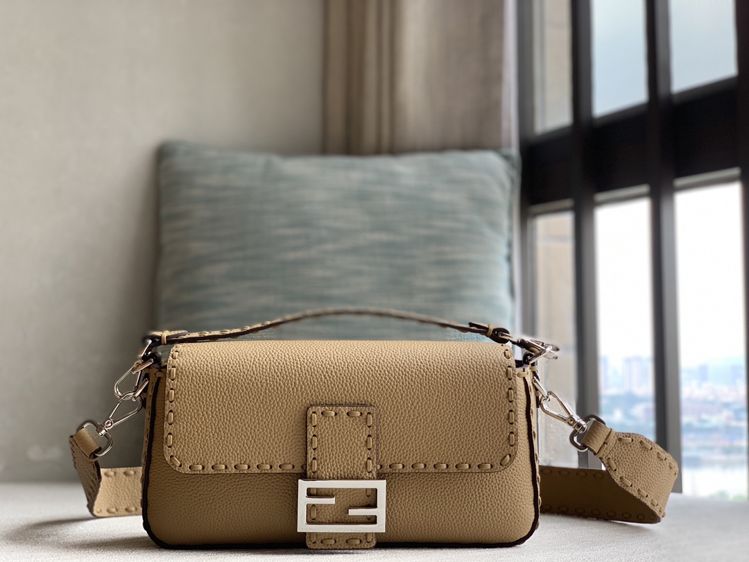 Fendi [Iconic Baguette Medium Handbag] Apricot Silver Buckle