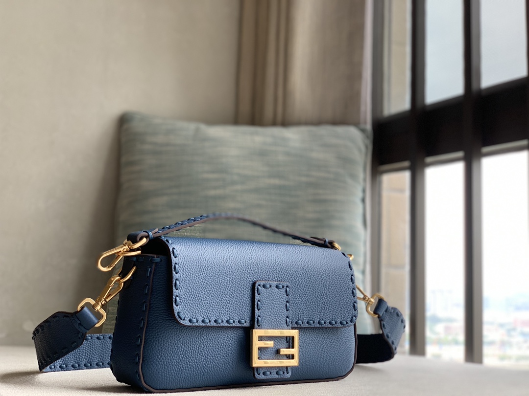 Fendi [Iconic Baguette Medium Handbag] Dark Blue Gold Buckle