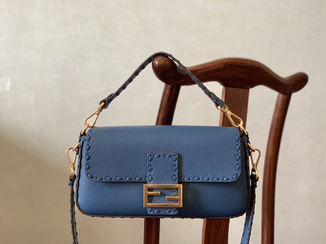 Fendi [Iconic Baguette Medium Handbag] Dark Blue Gold Buckle
