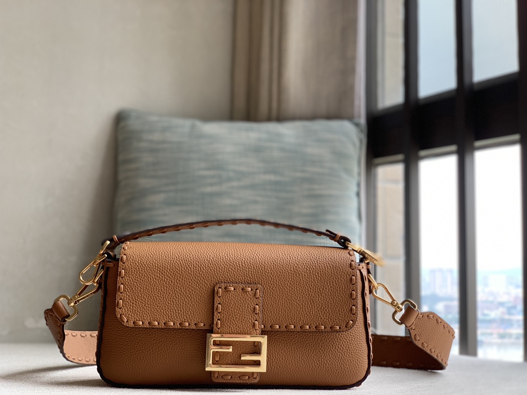 Fendi [Iconic Baguette Medium Handbag] Brown Gold Buckle