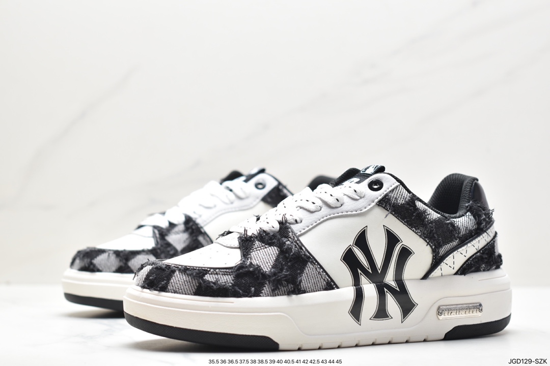 MLB Chunky Liner New York Yankees Senior Shoes Series Low-top Daddy Style Lightweight Height-enhanced Thick-soled All-match Casual Sports Jogging Shoes ”Leather White and Black NY Print” 3ASXCA12N (K0001)