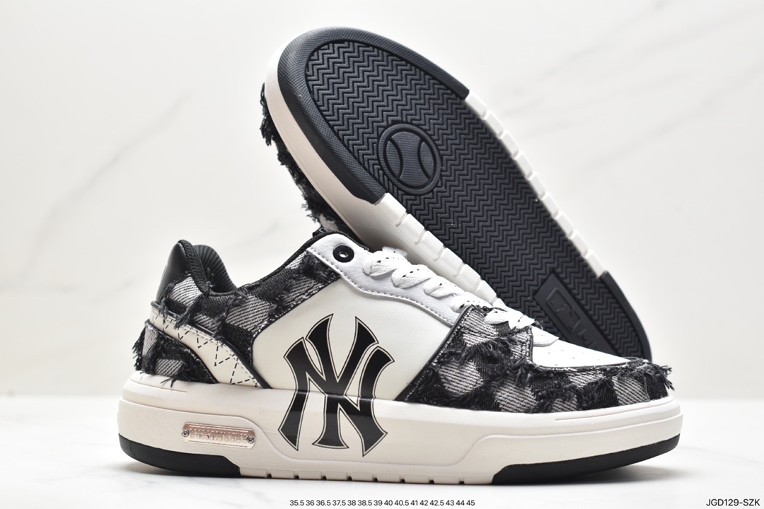 MLB Chunky Liner New York Yankees Senior Shoes Series Low-top Daddy Style Lightweight Height-enhanced Thick-soled All-match Casual Sports Jogging Shoes ”Leather White and Black NY Print” 3ASXCA12N (K0001)