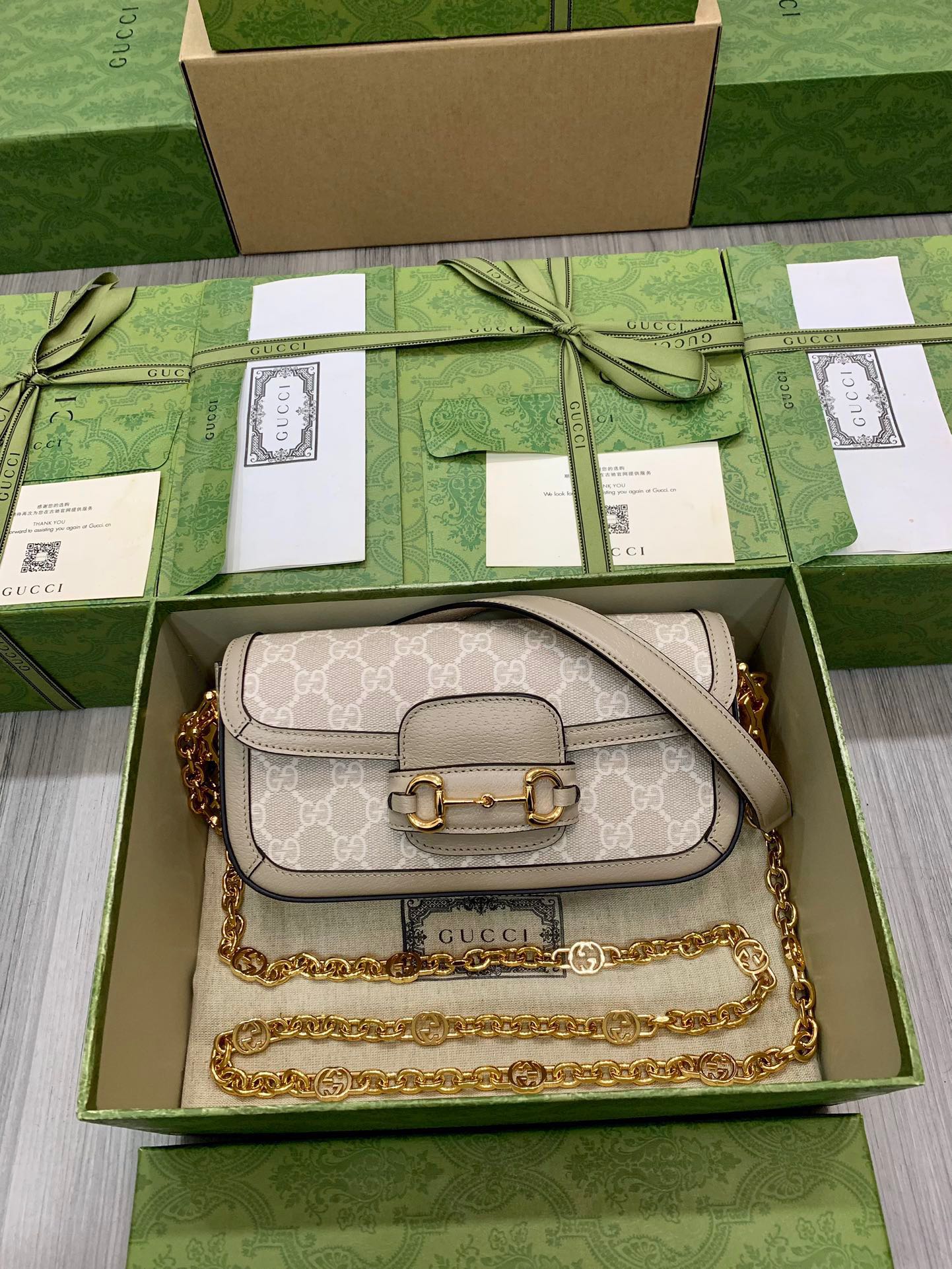 GUCCI Horsebit 1955 法棍包 燕麦色