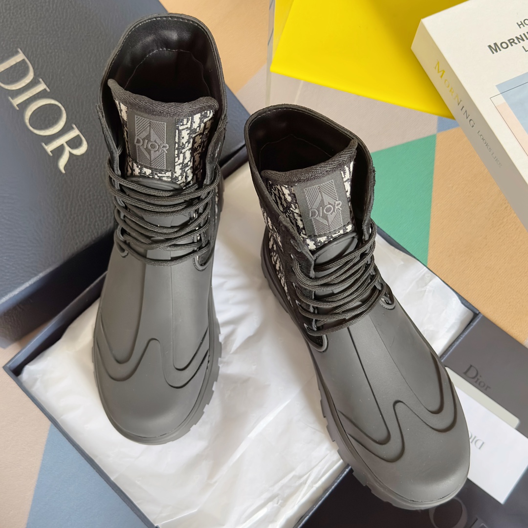 Dior Martin Boots Short Boots Beige Black Printing Unisex Women Men Cowhide Rubber Oblique