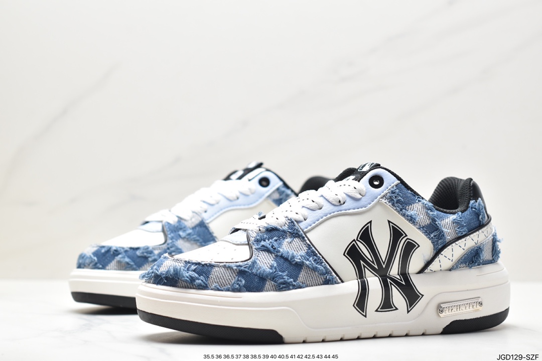 MLB Chunky Liner New York Yankees Senior Shoes Series Low-top Daddy Style Lightweight Height-enhanced Thick-soled All-match Casual Sports Jogging Shoes ”Leather White and Black NY Print” 3ASXCA12N (K0001)