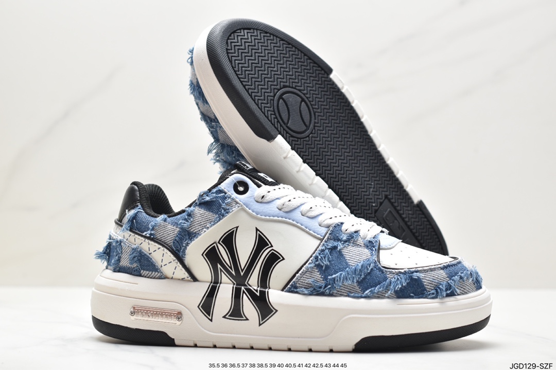 MLB Chunky Liner New York Yankees Senior Shoes Series Low-top Daddy Style Lightweight Height-enhanced Thick-soled All-match Casual Sports Jogging Shoes ”Leather White and Black NY Print” 3ASXCA12N (K0001)