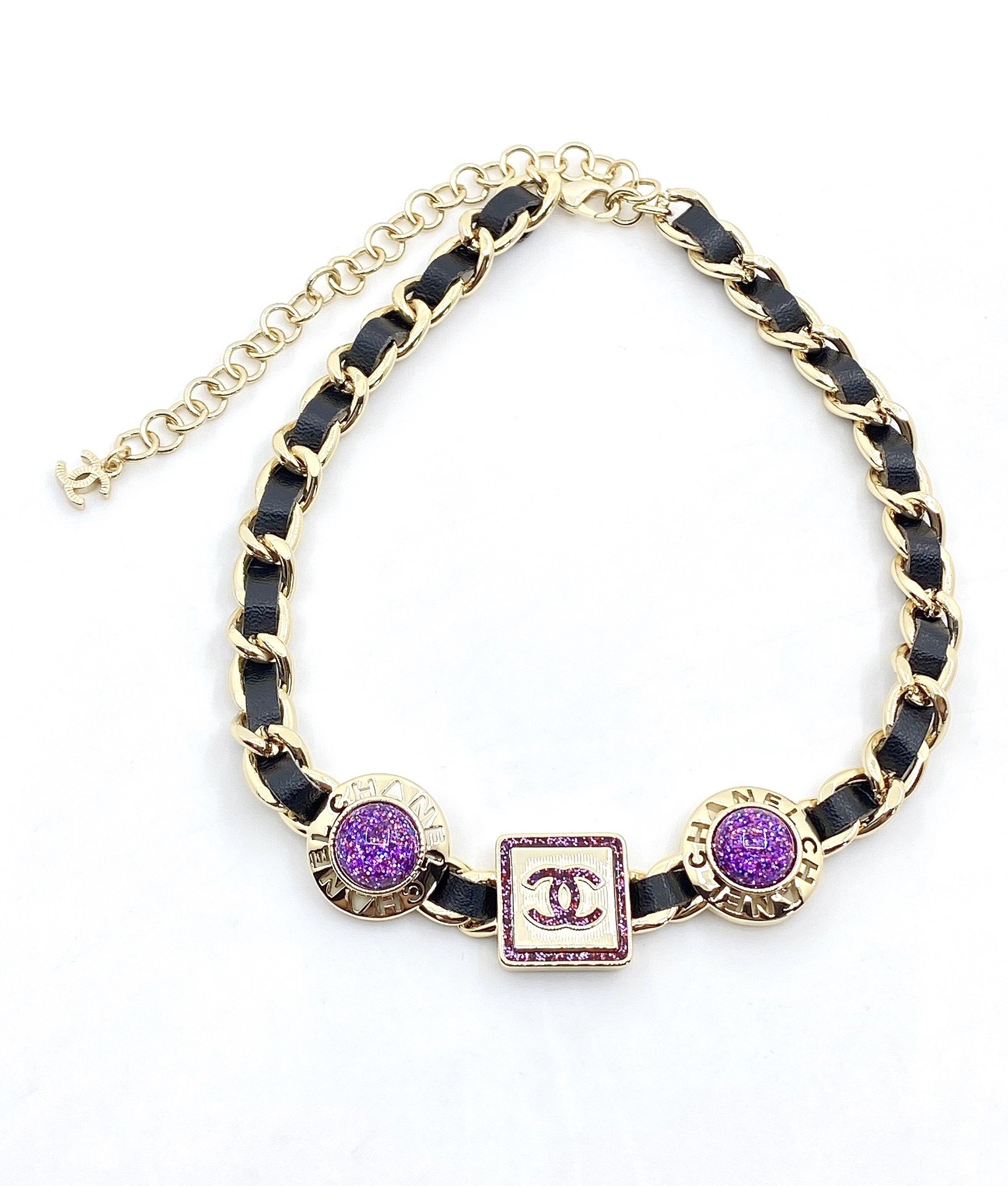 chanel最新款紫色水晶黑皮项链一