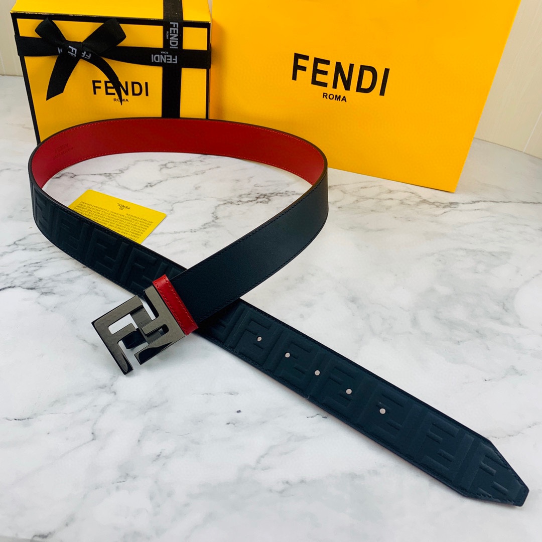 FENDl/Fendi mismo modelo de boutique, cinturón de piel de becerro original de doble cara de 40MM con hebilla chapada en…