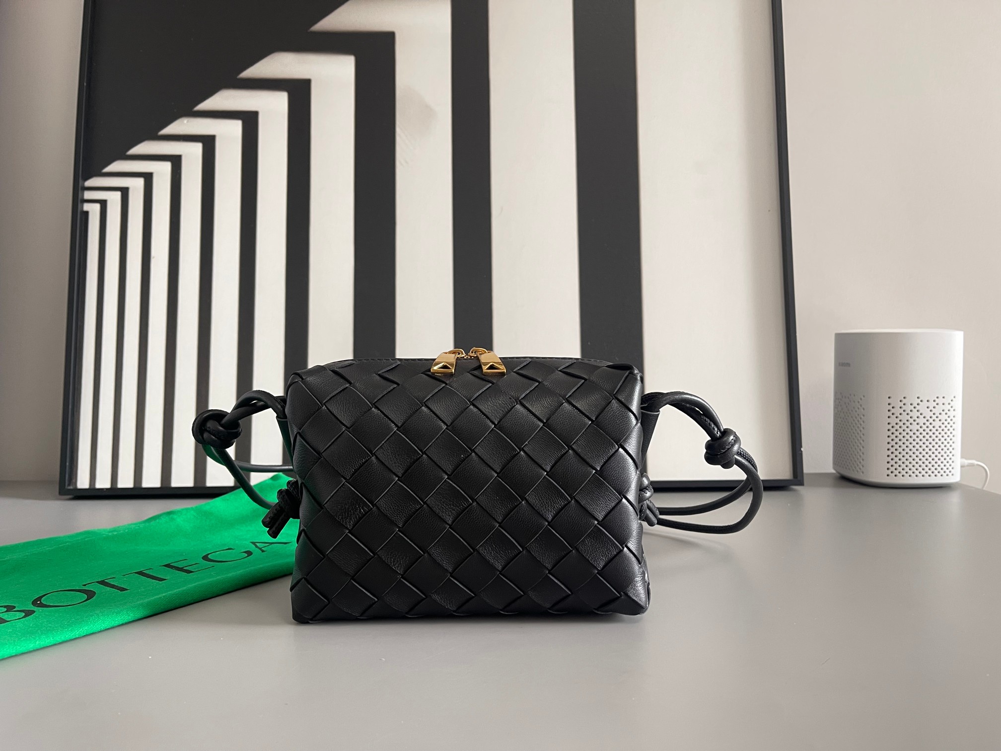 Bottega Veneta Lambskin Woven Mini Round Square Bag Leather Drawstring