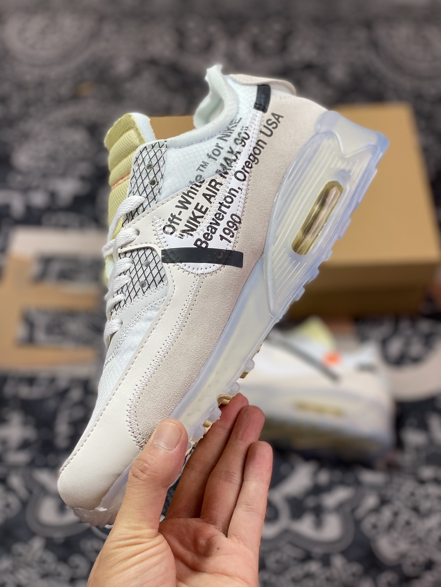 Preferred OWF foreign trade top VIRGIL ABLOH designer independent brand Off-White x Nike Air Max 90 ”Black” 90 first generation series low-top jogging shoes ”OW white gray ice blue orange” AA7293-100