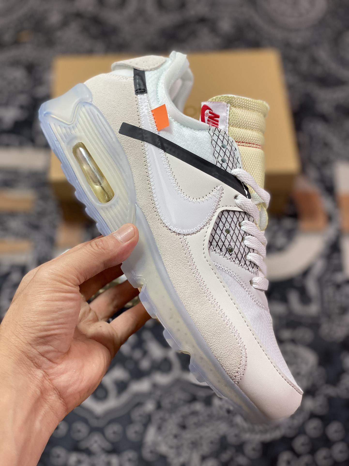 Preferred OWF foreign trade top VIRGIL ABLOH designer independent brand Off-White x Nike Air Max 90 ”Black” 90 first generation series low-top jogging shoes ”OW white gray ice blue orange” AA7293-100