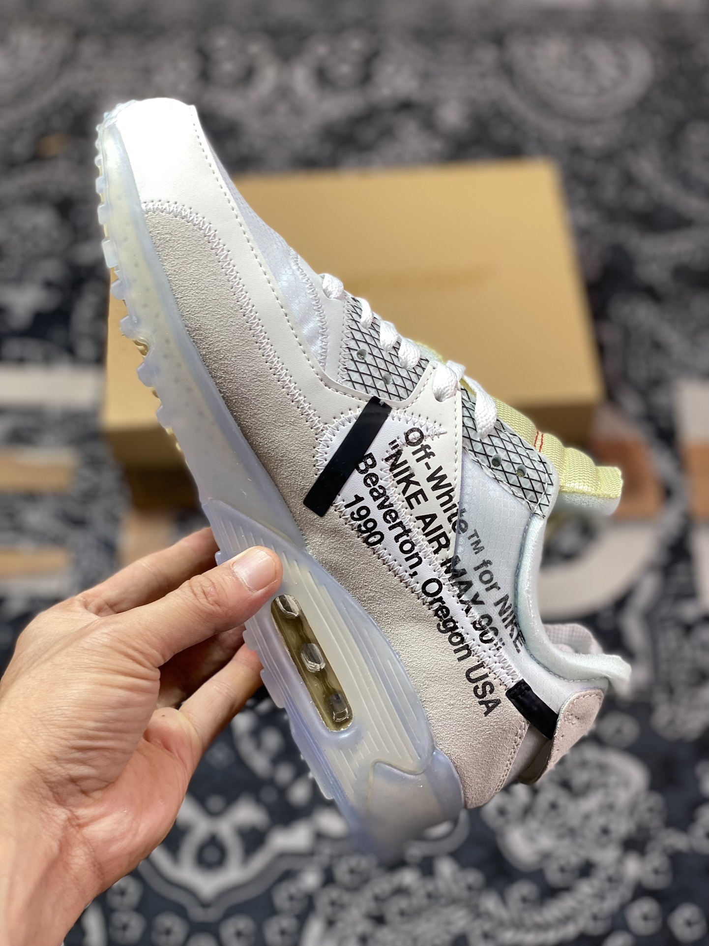 Preferred OWF foreign trade top VIRGIL ABLOH designer independent brand Off-White x Nike Air Max 90 ”Black” 90 first generation series low-top jogging shoes ”OW white gray ice blue orange” AA7293-100