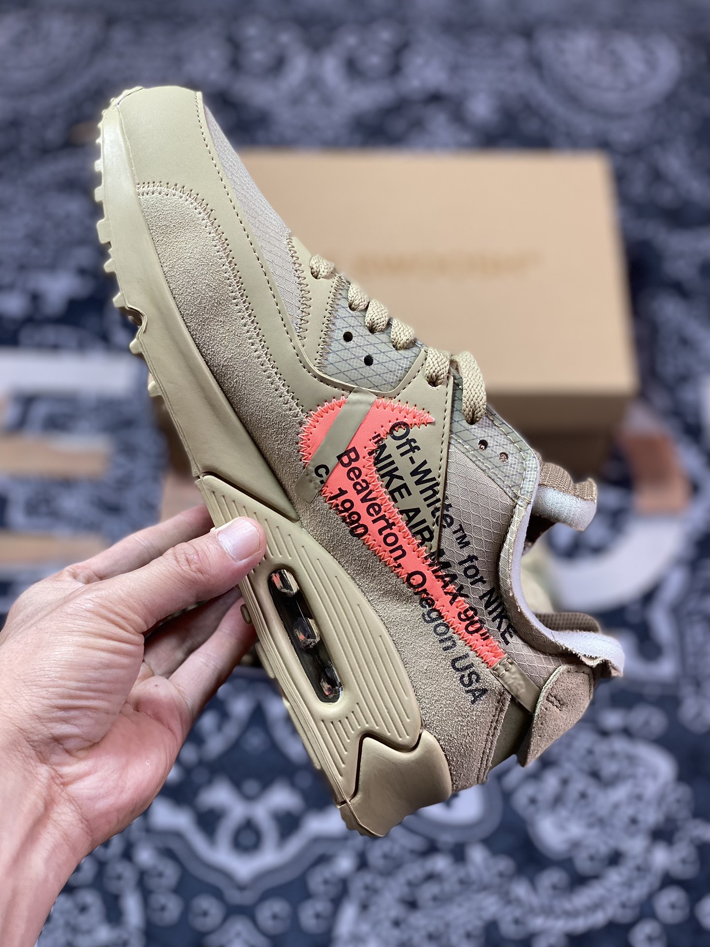 Preferred OWF foreign trade top VIRGIL ABLOH designer independent brand Off-White x Nike Air Max 90 ”Black” 90 first generation series low-top jogging shoes ”OW Desert Ore Yellow Orange Green” AA7293-200