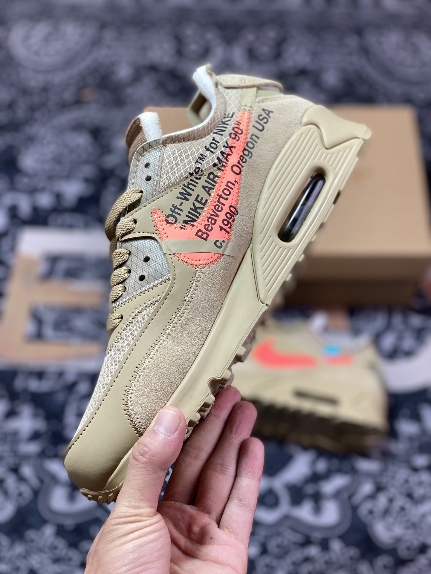 Preferred OWF foreign trade top VIRGIL ABLOH designer independent brand Off-White x Nike Air Max 90 ”Black” 90 first generation series low-top jogging shoes ”OW Desert Ore Yellow Orange Green” AA7293-200