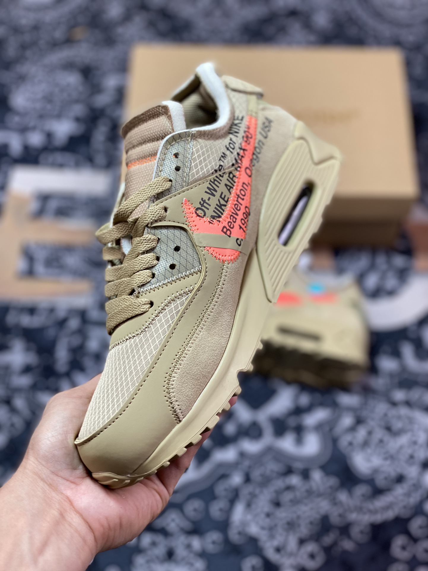 Preferred OWF foreign trade top VIRGIL ABLOH designer independent brand Off-White x Nike Air Max 90 ”Black” 90 first generation series low-top jogging shoes ”OW Desert Ore Yellow Orange Green” AA7293-200