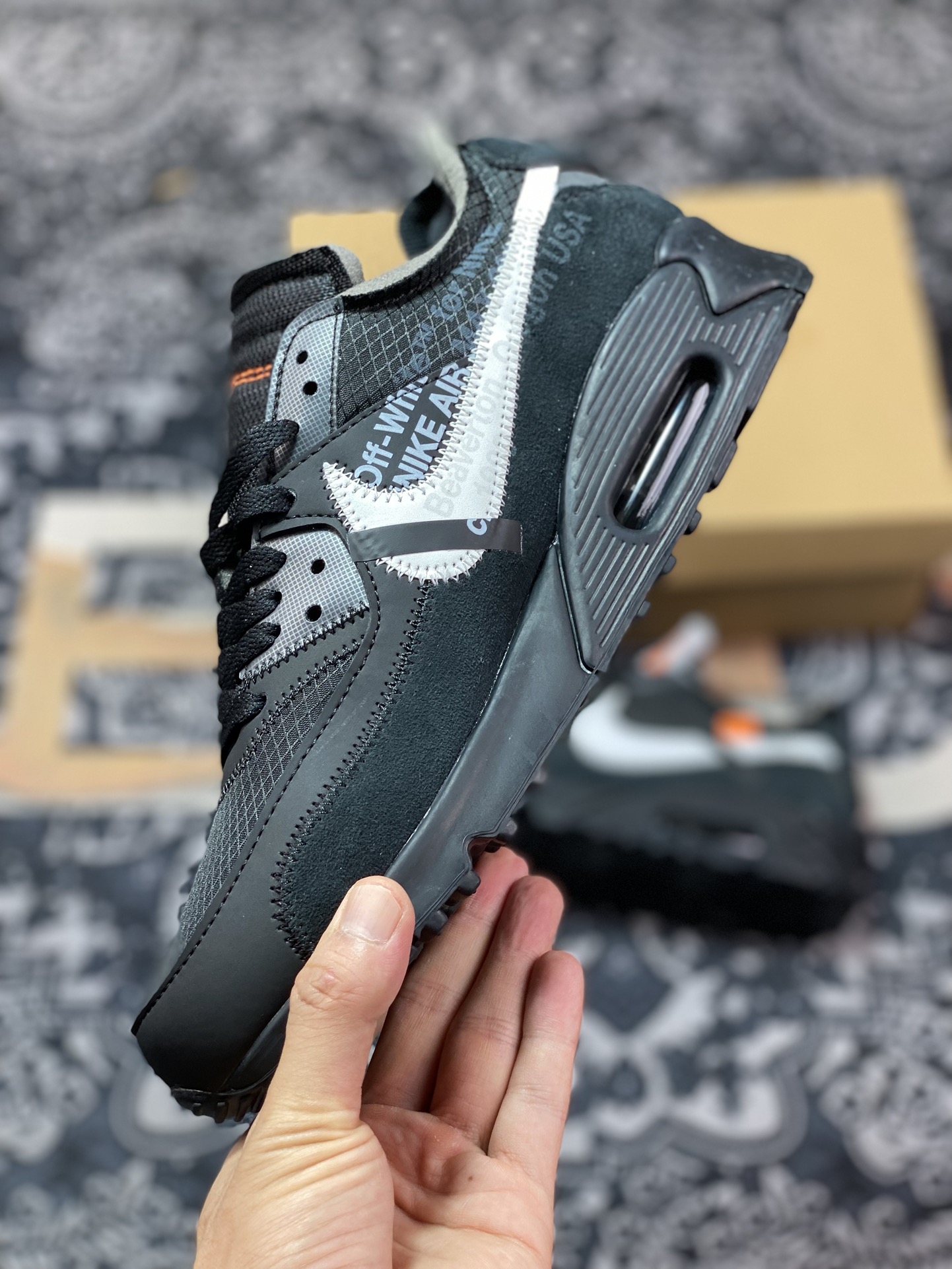 Off-White x Nike Air Max 90 ”Black” 90 first generation series low-top retro all-match air cushion casual sports jogging shoes ”OW black and white orange” AA7293-001