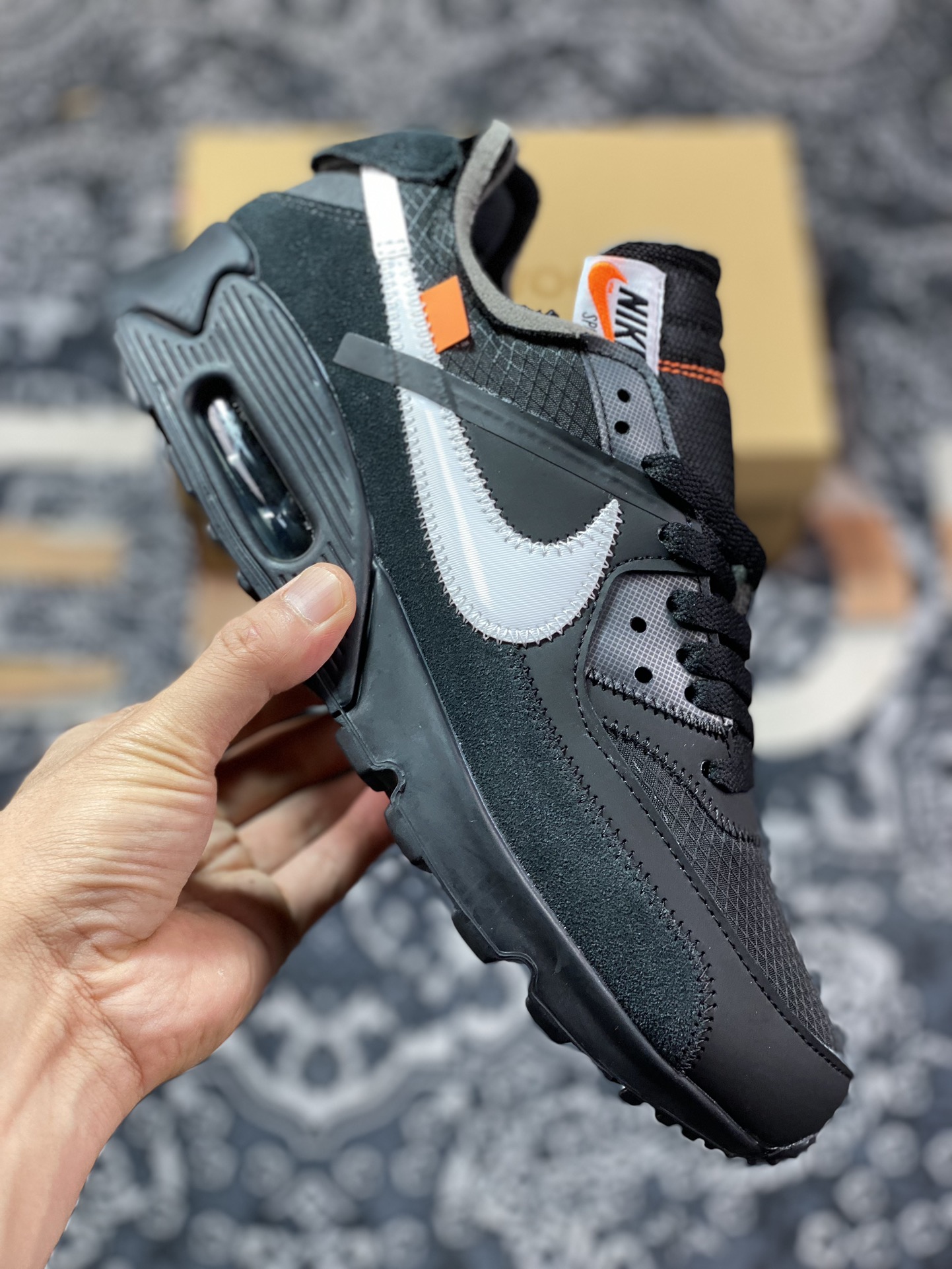 Off-White x Nike Air Max 90 ”Black” 90 first generation series low-top retro all-match air cushion casual sports jogging shoes ”OW black and white orange” AA7293-001