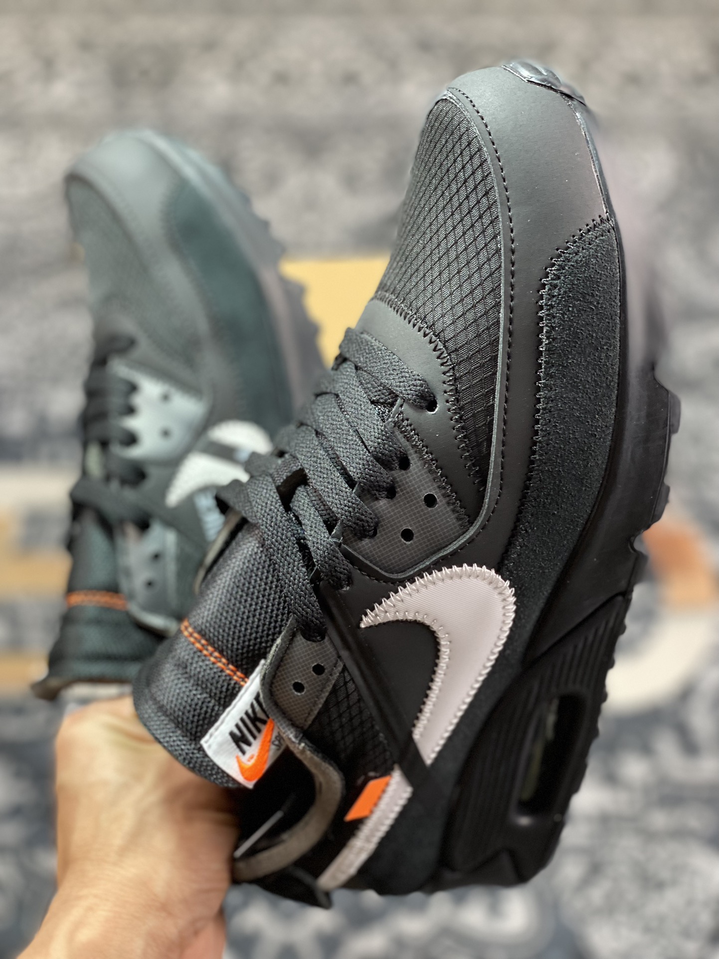 Off-White x Nike Air Max 90 ”Black” 90 first generation series low-top retro all-match air cushion casual sports jogging shoes ”OW black and white orange” AA7293-001