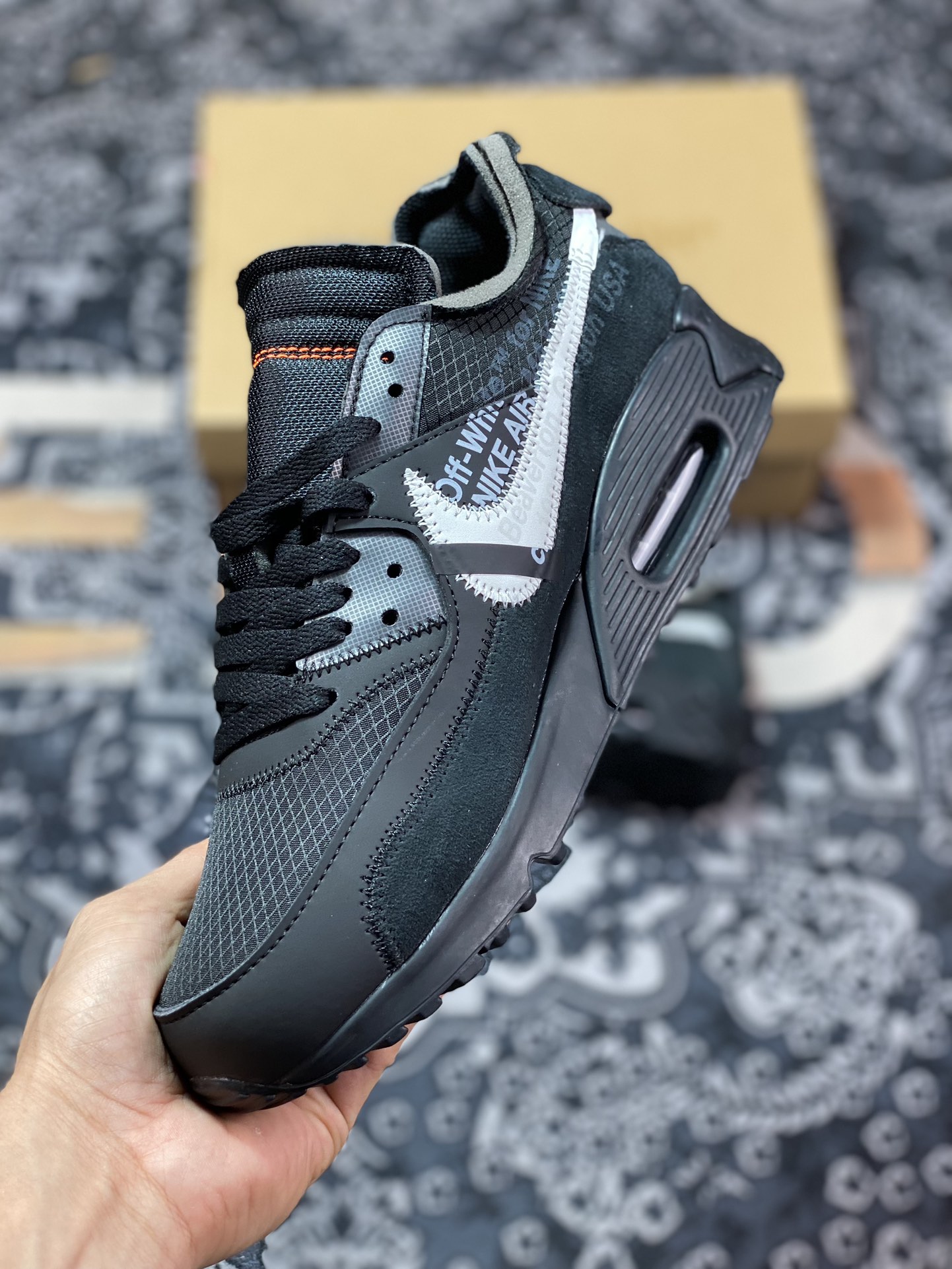 Off-White x Nike Air Max 90 ”Black” 90 first generation series low-top retro all-match air cushion casual sports jogging shoes ”OW black and white orange” AA7293-001