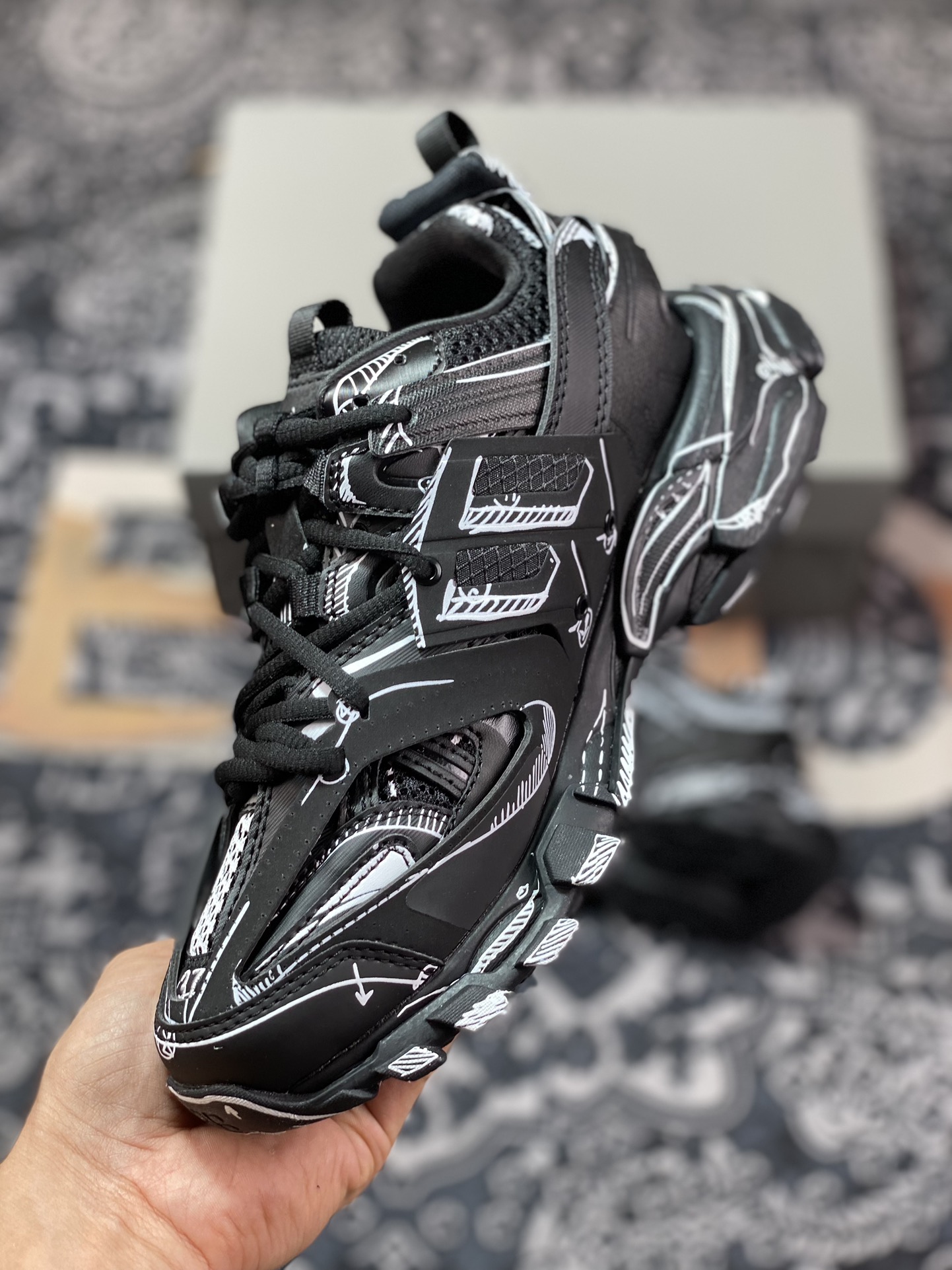 Balenciaga Track Trainers 3.0 Retro Wild Running Daddy Trendy All-match Jogging Shoes ”Black and White Graffiti” 542436 W3SR2 2315