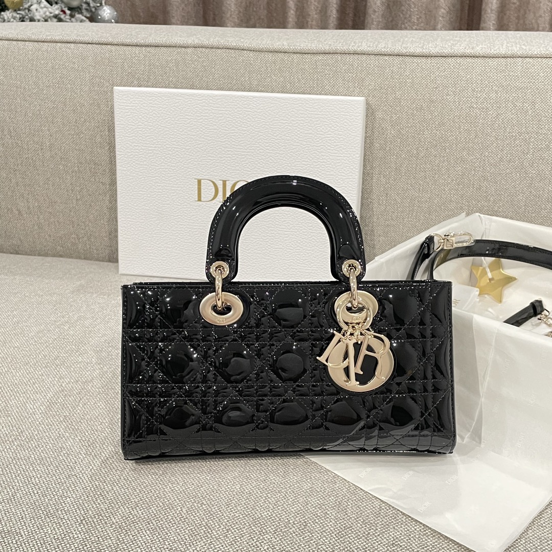 디올 Lady D-Joy 26cm 블랙 페이턴트 백 레플리카