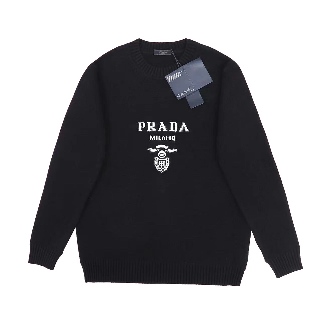 Diseño exclusivo de logotipo triangular en el cuello de Prada, suéter de cuello redondo de lana, exclusivo en el mercad…