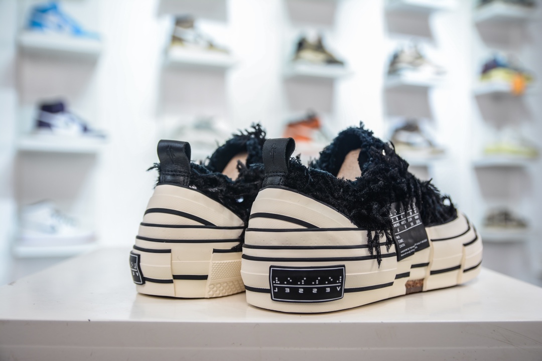 VESSEL GOP Low deconstructed overlapping thick-soled cork low-top versatile height-enhancing canvas vulcanized sneakers ”Black, Beige and White Tassels” S23X16B