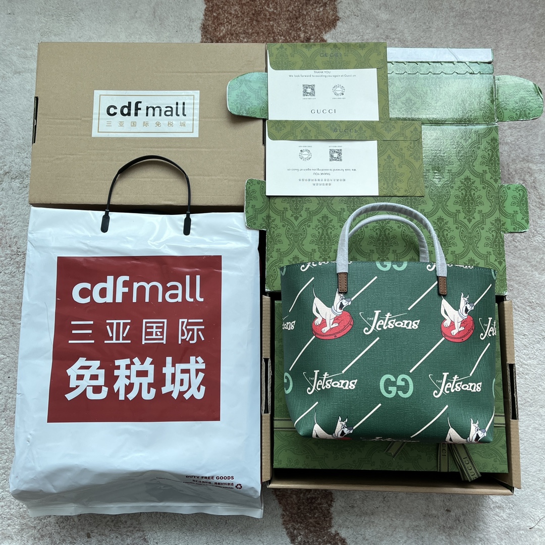 GUCCI 儿童手提包 绿色小狗印花 托特包
