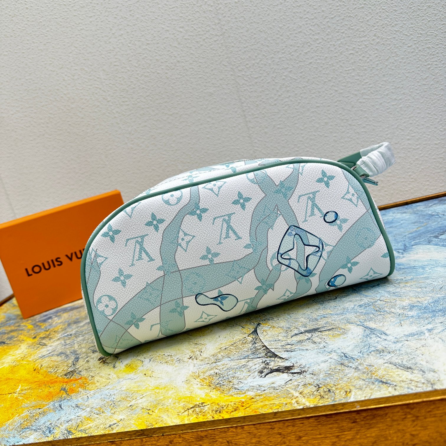 Interior view of the leather wash bag, showing storage capacity