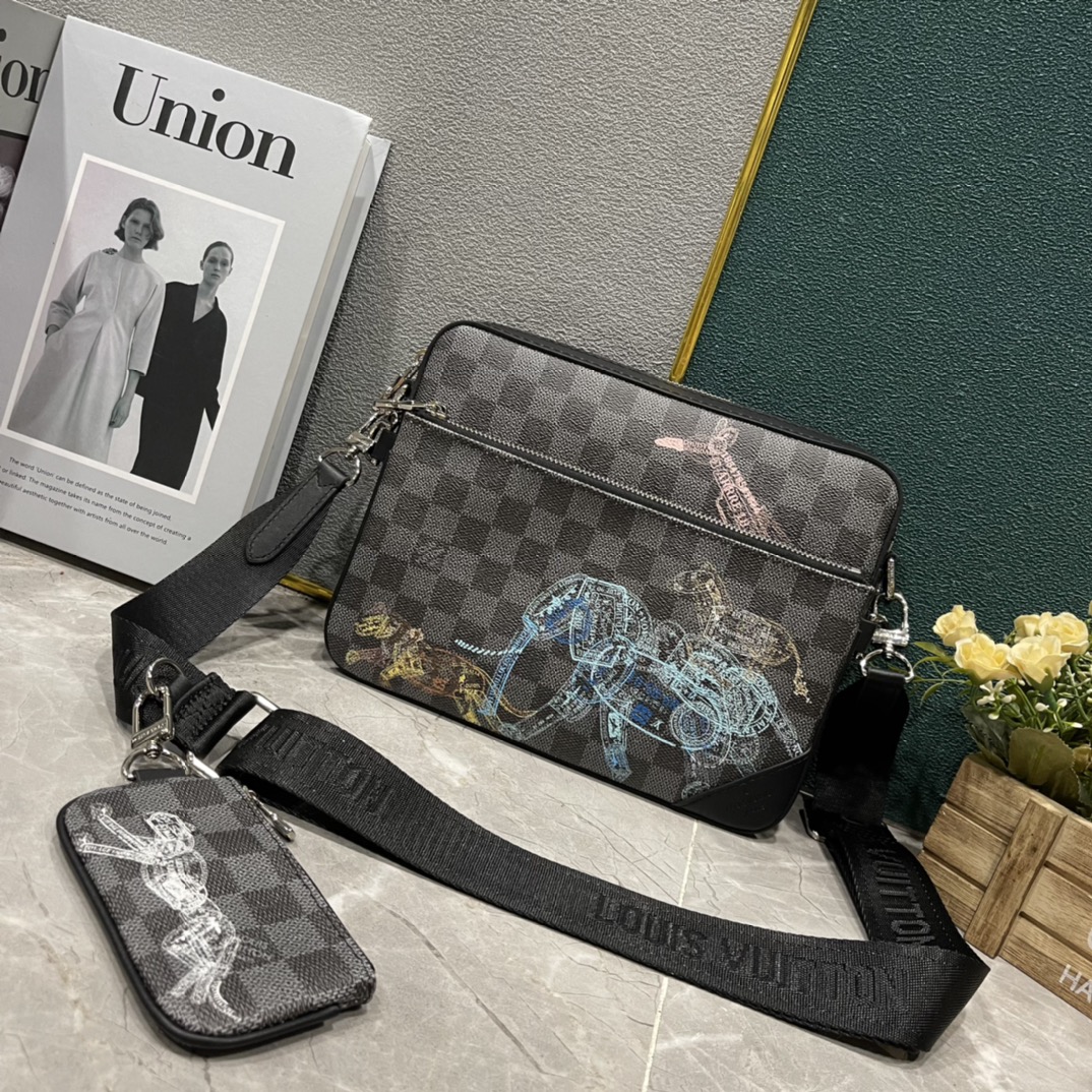 Louis Vuitton Messenger Bags Black Grey Silver Monogram Canvas Cowhide Fabric M58040