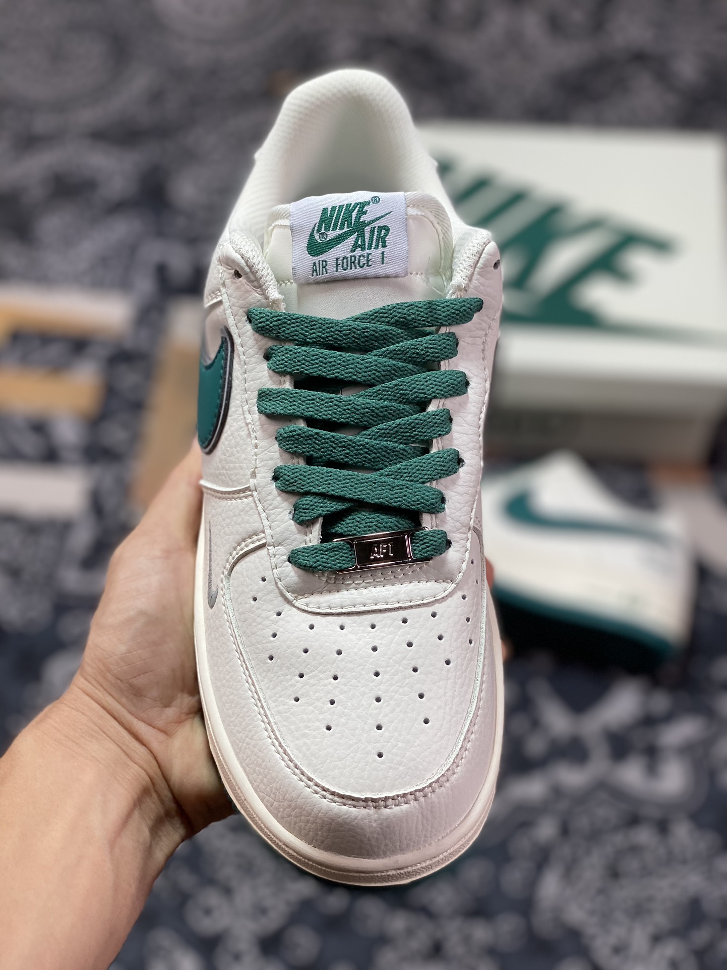 Nike Air Force 1'07 Low EMB ”Beige/Green/Hoops/Mini Swoosh” Air Force One low-top classic sneakers ”off-white dark green Hoops embroidered small hook” HP2369-001