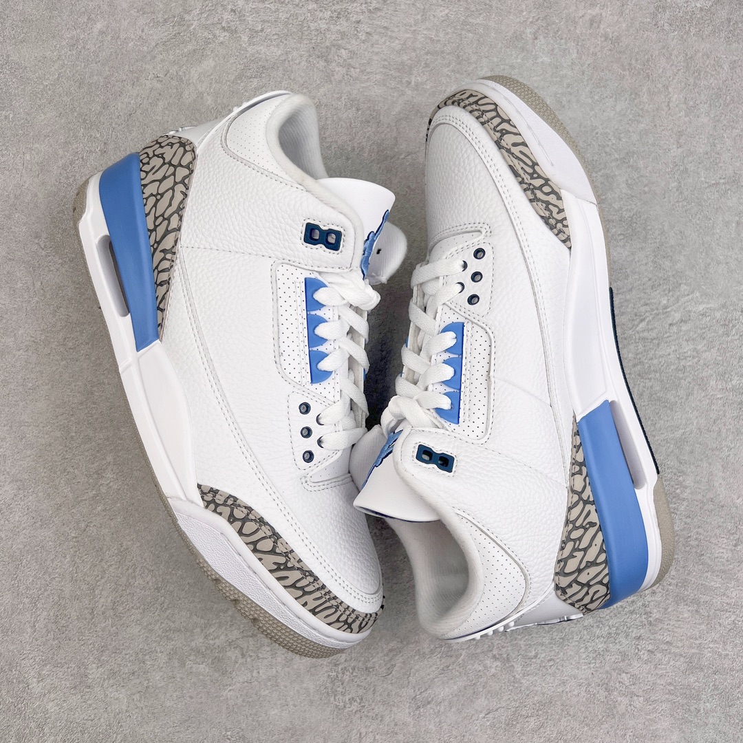 图片[3]-零售💰260 ＃KZ神版福利回馈‼Air Jordan AJ3 Retro 北卡蓝 CT8532-104 独家外贸特供尺码含45.5 48.5 国内外口碑最好最推荐的产品 市场中端王者 亲自操刀耗时半年巨作 全套原纸板楦头开发 原厂大底磨具加持立体防滑纹理 原装可视Air Sole气垫 原汁原味最完美的三代版型 唯一正确鞋头趴度弧度高度鞋身腰线 此版本只针对中端市场 皮料材质有所更替 其他数据细节工艺流程均保持一致 绝不口嗨 细节品控鞋型随意秒杀市面3XX 4XX 原厂TPU后跟饰片 正确内里反口里网布 皮料菱角分明不变形无多余毛边 正确手工大底描漆拉丝 市场唯一原厂鞋扣模具 原厂织唛标 原厂飞人电绣工艺 尾指中部跳三针 独家绑鞋带手法 印刷中底布 四线拉帮 米色美纹纸贴合固定 进口港宝加持 后跟自然饱满 全鞋荧光划线卡点 追求极致完美 每一双都是工艺品 多重QC质检 超越公司货的品控标准 实实在在的免检产品 尺码：40 40.5 41 42 42.5 43 44 44.5 45 45.5 46 47.5 48.5 编码：by2936060-运动鞋