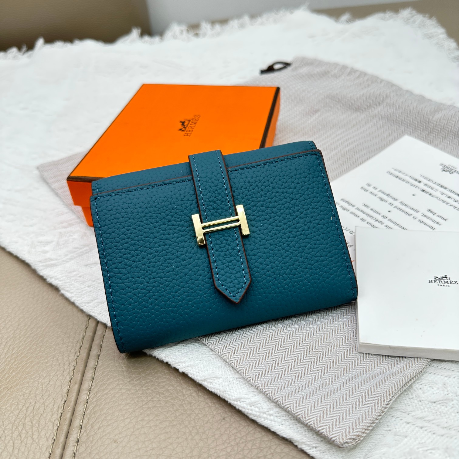 Hermes Togo Leather Tri-Fold Wallet with Pocket - Turquoise