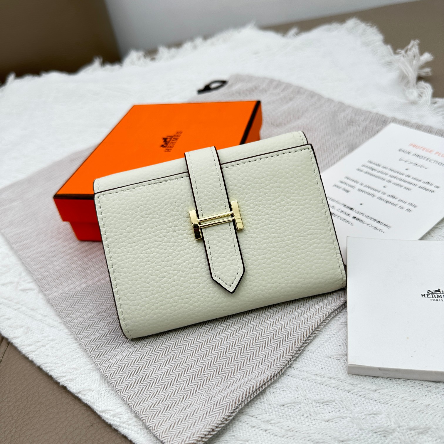Hermes Togo Leather Bi-Fold Wallet, Solid Color, Gold Hardware - Compact Design
