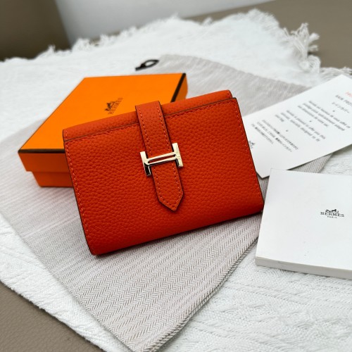 Hermes Togo Leather Tri-Fold Wallet with Pocket - Orange, Gold Hardware