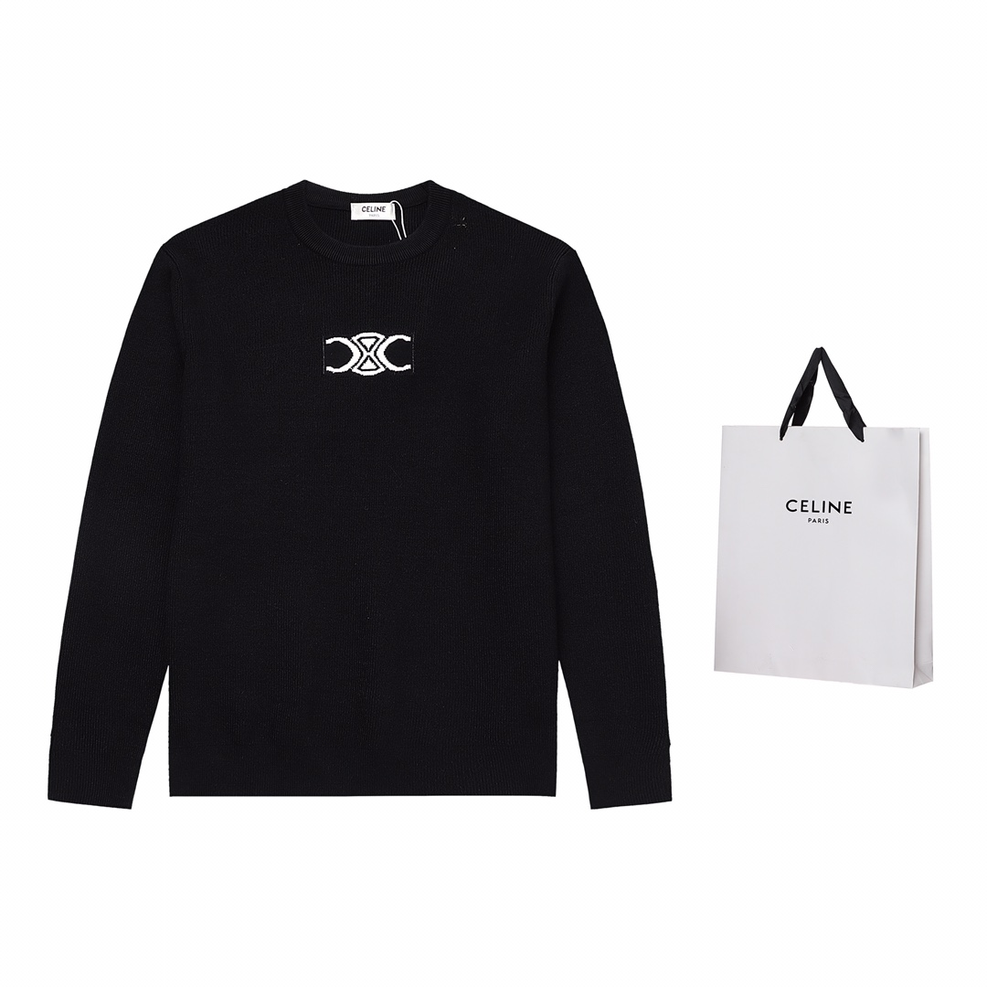Celine Clothing Knit Sweater Sweatshirts Black Embroidery Unisex Knitting