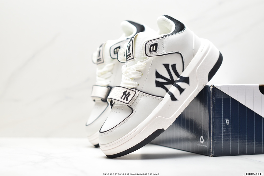 MLB Chunky Liner New York Yankees Senior Shoes Series Low-top Daddy Style Lightweight Height-enhancing Thick-soled All-match Casual Sports Jogging Shoes ”Leather White and Black NY Print” 3ASXLM13N (GP002C)