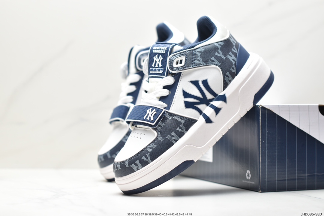 MLB Chunky Liner New York Yankees Senior Shoes Series Low-top Daddy Style Lightweight Height-enhancing Thick-soled All-match Casual Sports Jogging Shoes ”Leather White and Black NY Print” 3ASXLM13N (GP002C)