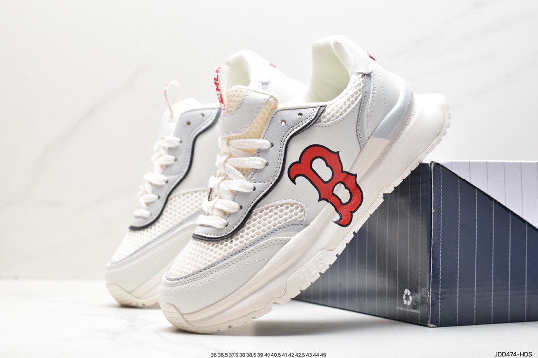 MLB Chunky Liner New York Yankees Senior Shoes Series Low-top Running Shoes ”Leather White and Red NY Print” 3ASHRJ13N (GP004C)